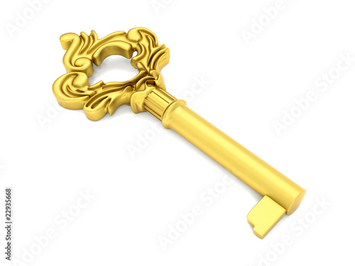 Golden skeleton key isolated on white background