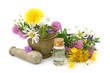 Mortar with fresh flowers and essential oil