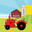 Red Farm Tractor In A Pasture Near A Barn And Silo