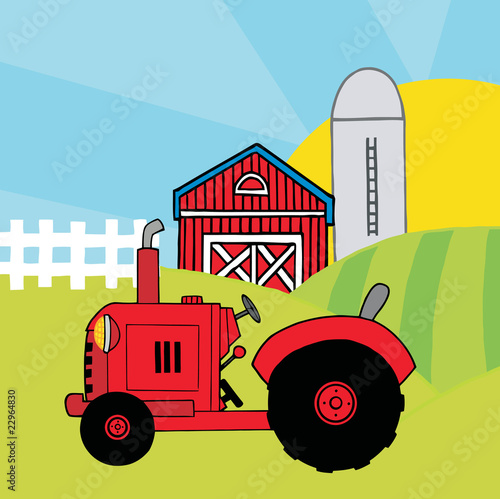 Vector: Red Farm Tractor In A Pasture Near A Barn And Silo Red Farm Tractor In A Pasture Near A Barn And Silo