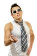 Portrait of attractive muscular man holding pen in sunglasses