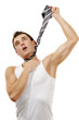 Muscular man hangs himself in a tie