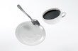 Illustration: Zero gravity cup of coffee, saucer and spoon Zero gravity cup of coffee, saucer and spoon