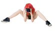 Red-hair young girl with photocamera isolated on white Red-hair young girl with photocamera isolated on white