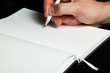 Male hand writing with a pencil in a blank book (close-up)