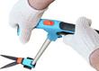 Man's hands in gloves and long handle garden scissors