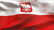 Illustration: Creased Polish satin flag in wind with seams and wrinkles Creased Polish satin flag in wind with seams and wrinkles