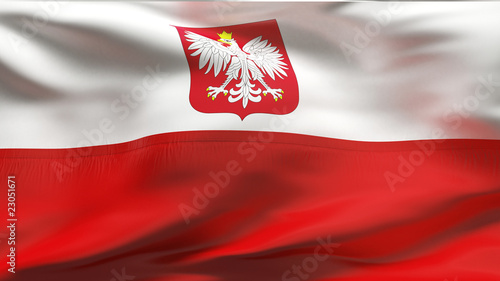Illustration: Creased Polish satin flag in wind with seams and wrinkles Creased Polish satin flag in wind with seams and wrinkles
