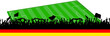 Deutschlandfahne mit Fußballfans vor Spielfeld