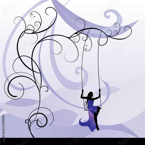 Cartoon Girl On Swing. vector violet girl on swing