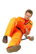 tired worker in orange workwear with tools, isolated on white tired worker in orange workwear with tools, isolated on white