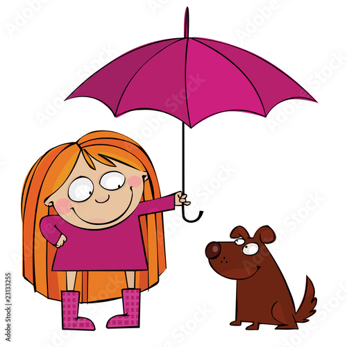 cartoon girl walking in rain. Zoom Not Available: Vector images scale to any size. Little girl and a dog walking in the rain