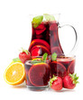 Refreshing fruit sangria in jug and two glasses Refreshing fruit sangria in jug and two glasses