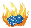 two blue dice falls, enveloped in flames