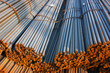 Bunch of concrete reinforcement steel rods in warehouse
