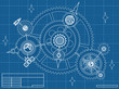 blueprint of space mechanic - with planets, stars, gearwheels