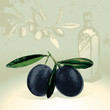 Olives with olive oil bottles graphics in the background
