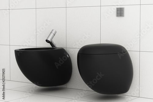 Illustration: modern bathroom with black toilet bowl and bidet modern bathroom with black toilet bowl and bidet