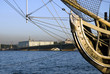 White nights. Neva river and brigantine Blagodat. St.Petersburg