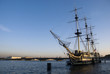 White nights. Neva river and brigantine Blagodat.
