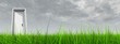 High resolution 3D white door opened in grass to the sky High resolution 3D white door opened in grass to the sky