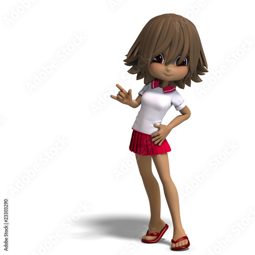 Cute Cartoons on Photo  Cute Little Cartoon School Girl Says Hello  3d Rendering With