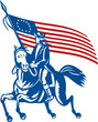 American general riding horse with Flag