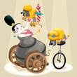 Woman with cannon and dachshunds in the circus.