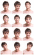 Young man face expressions composite isolated on white