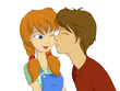 Teenage boy trying to kiss red girl with pigtail
