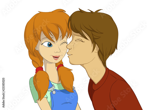 Vector: Teenage boy trying to kiss red girl with pigtail Teenage boy trying to kiss red girl with pigtail
