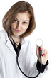 Young nurse with stethoscope in hand on white background