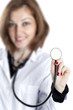 Young nurse with stethoscope in hand on white background