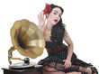 pretty girl listening music on old gramophone