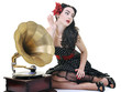 pretty girl listening music on old gramophone