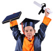 Elementary boy wearing graduation cap and gown shows his diploma