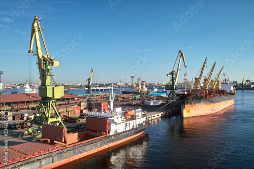 Cargoships and cranes in the harbor