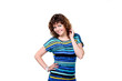 Beautiful cheerful smiling woman in colored dress