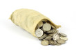 A small tattered cloth bag filled with old silver dimes.