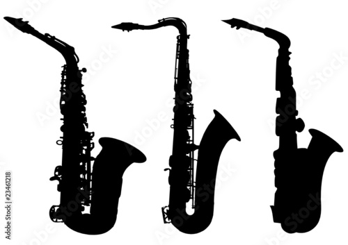 Three vector silhouettes of saxophones Three vector silhouettes of saxophones