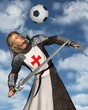Saint George heading a football with blue sky background
