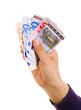 man hand with euro bills over white background