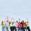 group teens pointing up at summer camp