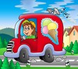 Illustration: Ice cream man driving red car Ice cream man driving red car