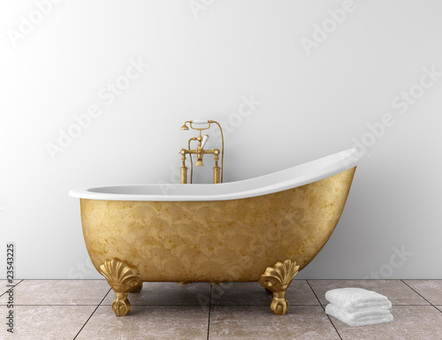 Illustration: classic bathroom with old bathtub and white wall classic bathroom with old bathtub and white wall