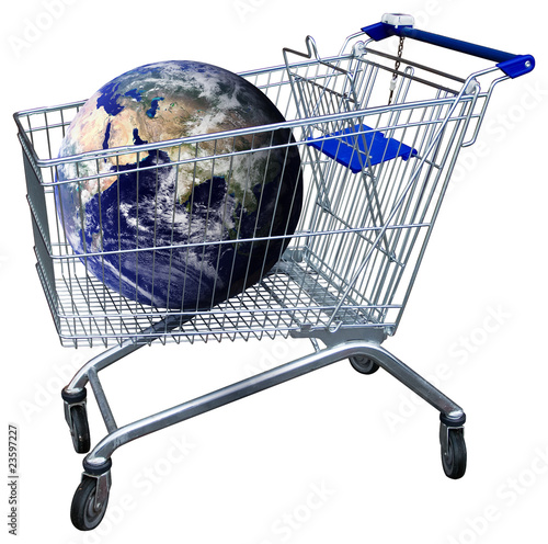 Photo: Shopping cart with earth globe isolated on white. clipping path Shopping cart with earth globe isolated on white. clipping path