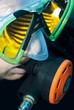 scuba divers face, mask and fish reflection