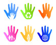 Vettoriale: social environemtn and help icons vector with hands social environemtn and help icons vector with hands