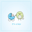 Card design with bird pushing a bird baby boy in a stroller Card design with bird pushing a bird baby boy in a stroller
