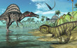 Prehistoric scene with Spinosaurus and Psittacosaurus Dinosaurs